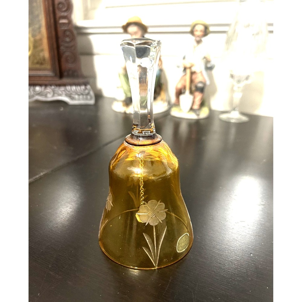 Vintage Bohemian Czech Amber Etched Crystal Glass Bell Floral Mid Century